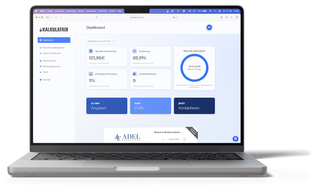 Bildschirmfoto der Stundensatzkalkulation